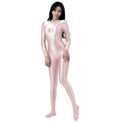 AMORESY Women's Shiny Oil Tights Full-Length Catsuit Front Zipper Yoga Zentai Playsuit Sexy Smooth Casual Jumpsuit