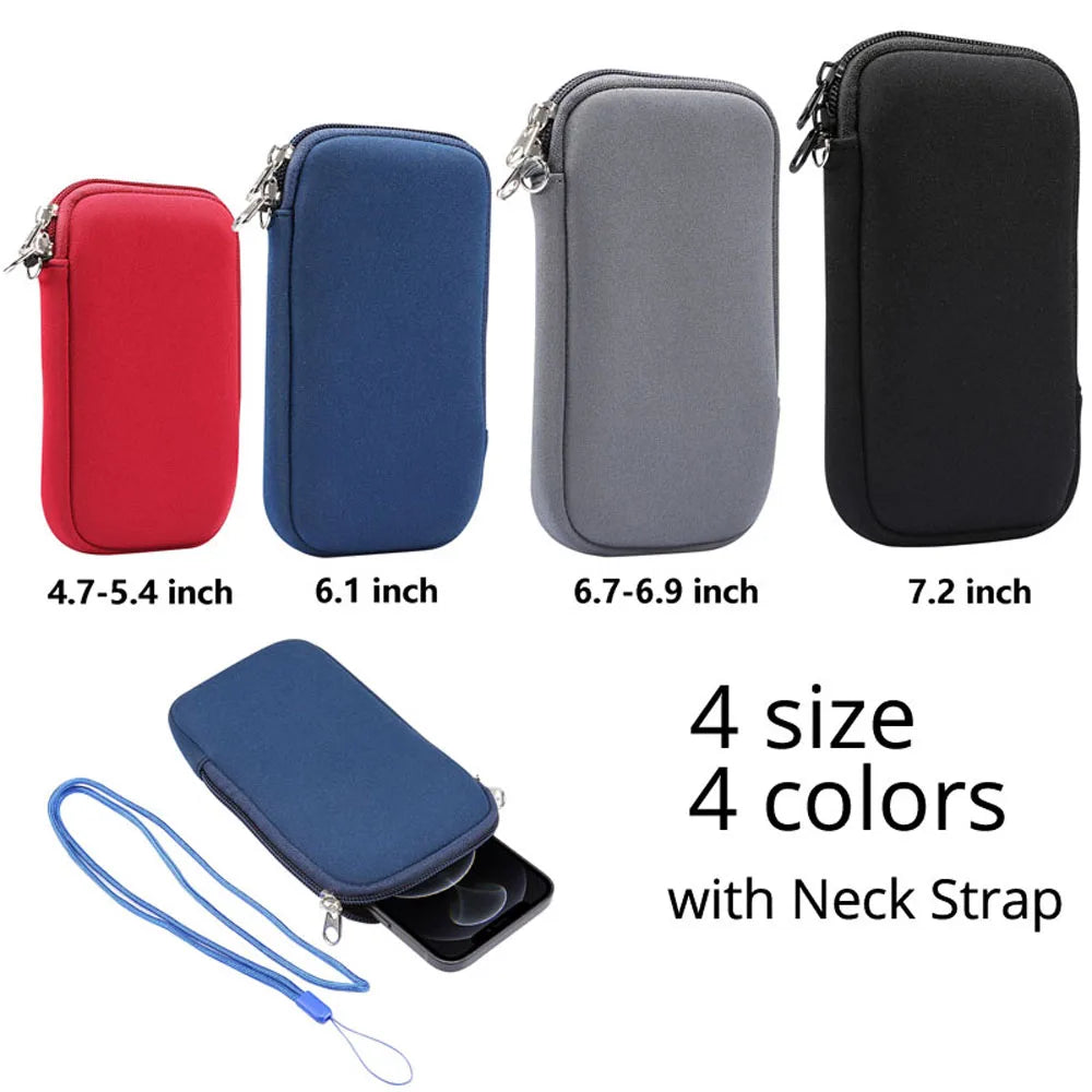 Universal Neoprene Mobile Phone Bag Case With Shoulder Strap For iPhone 16 15 14 Pro Max Samsung Xiaomi Huawei Shockproof Pouch