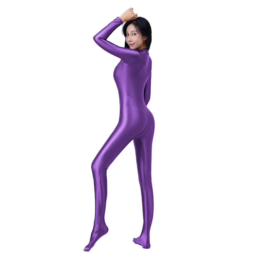 AMORESY Women's Shiny Oil Tights Full-Length Catsuit Front Zipper Yoga Zentai Playsuit Sexy Smooth Casual Jumpsuit