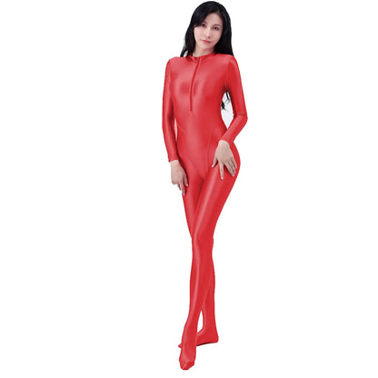 AMORESY Women's Shiny Oil Tights Full-Length Catsuit Front Zipper Yoga Zentai Playsuit Sexy Smooth Casual Jumpsuit