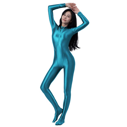 AMORESY Women's Shiny Oil Tights Full-Length Catsuit Front Zipper Yoga Zentai Playsuit Sexy Smooth Casual Jumpsuit