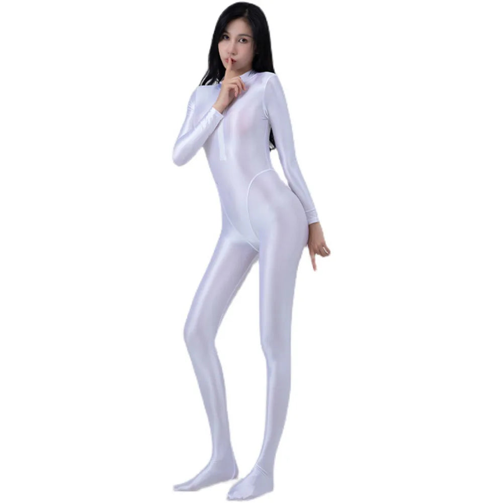 AMORESY Women's Shiny Oil Tights Full-Length Catsuit Front Zipper Yoga Zentai Playsuit Sexy Smooth Casual Jumpsuit