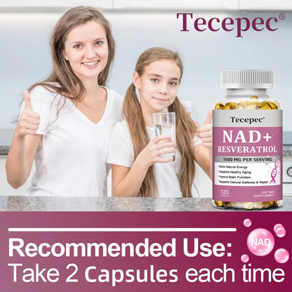 NAD+ Resveratrol - Anti-aging, Boosts Natural Energy, Promotes Cellular and Skin Health, Improves Brain Function - 120 Capsules