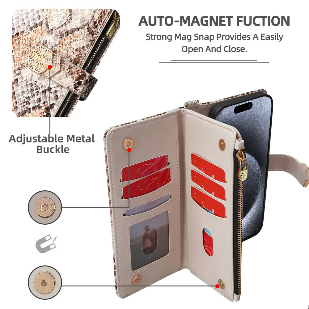 Metal Shoulder Strap Wallet Case for iPhone 17 Pro Max 14 12 11 13 15 16 Pro Max Lady Leather Card Slots Pocket Lanyard Cover