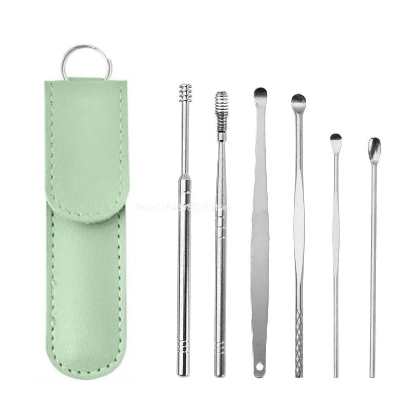 6Pcs Stainless Steel Ear Wax Removal Tool Set Spiral Rotating Ear Pick Spoon for Ear Cleaning & Care