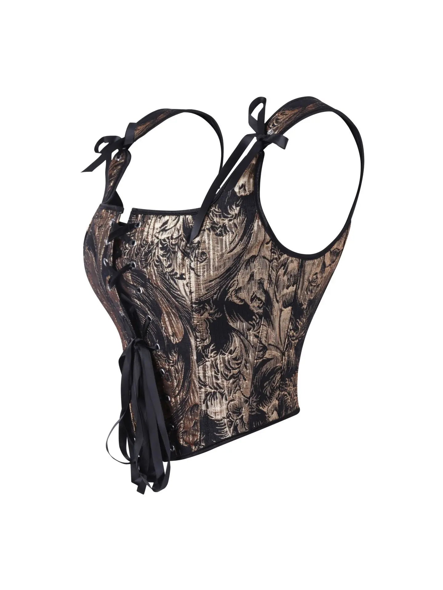 Women's Bow Tie Strap Jacquard Corset Top Front Lace Up Square Neck Cropped Waist Cincher Bustier