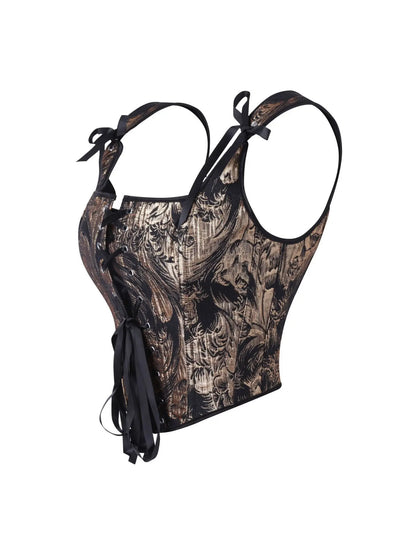 Women's Bow Tie Strap Jacquard Corset Top Front Lace Up Square Neck Cropped Waist Cincher Bustier
