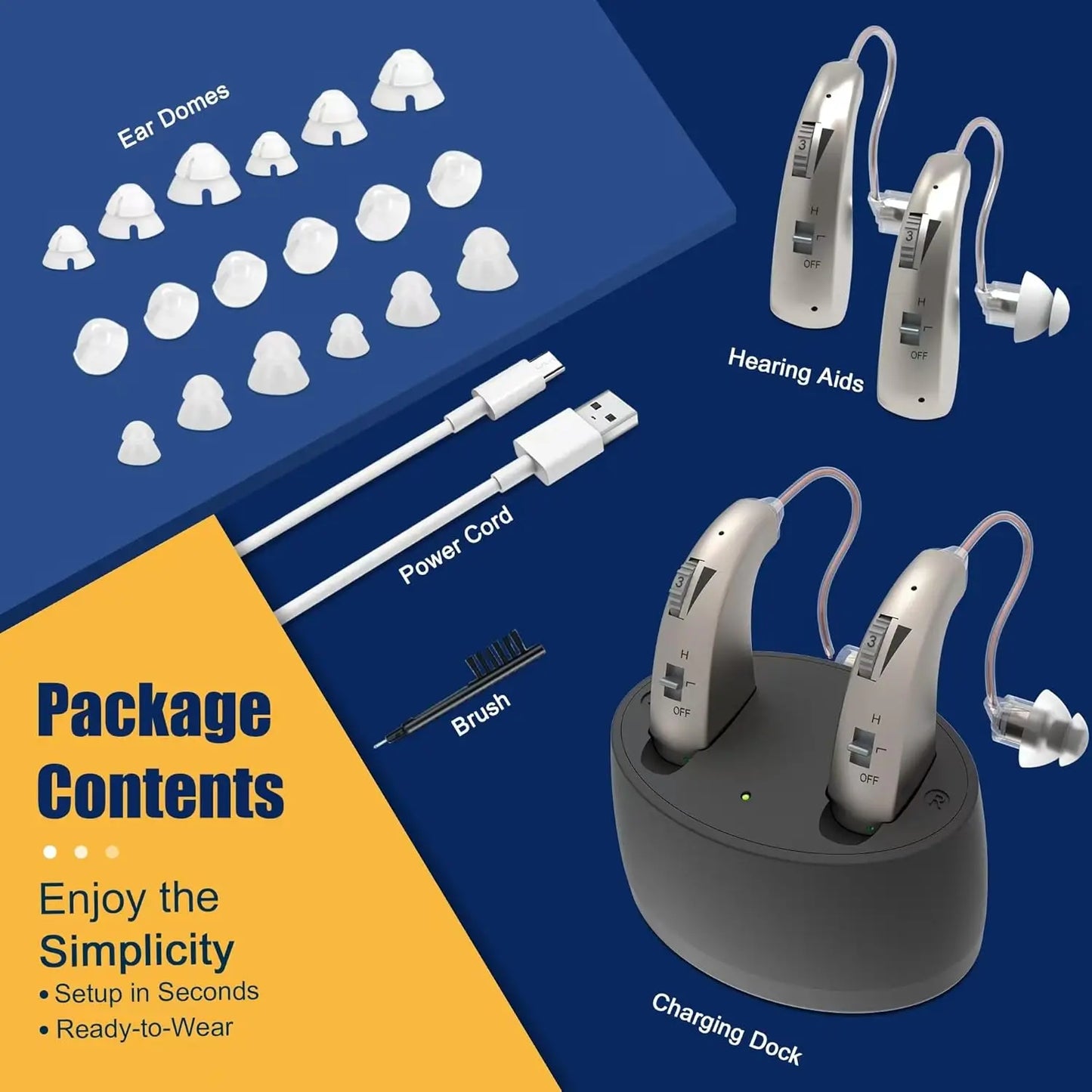 Wireless rechargeable hearing aids for seniors with noise reduction and magnetic charging case, advanced digital hearing aids