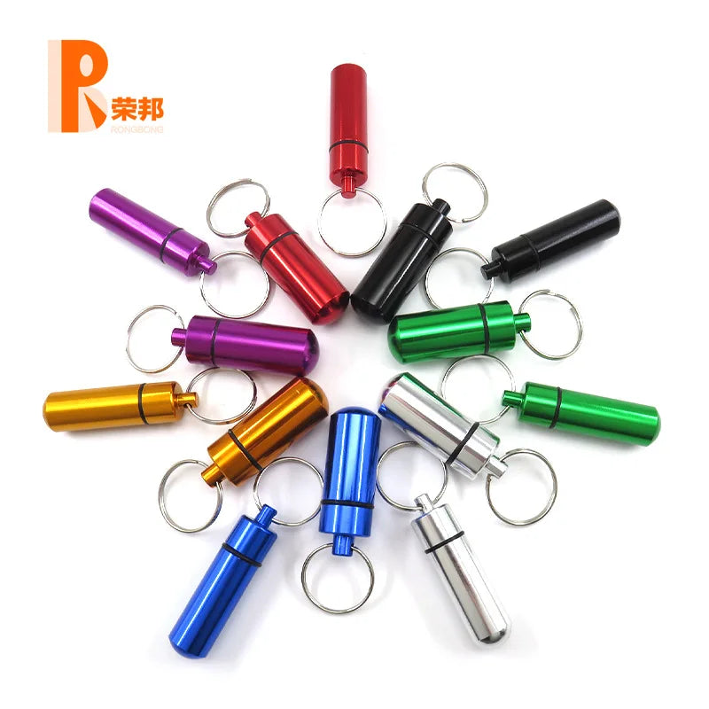 Aluminum Waterproof Pill Box Cases with Sealed Storage, Flat Head, Round Alloy Cartridge and Keychain for Vitamin Fish Oils