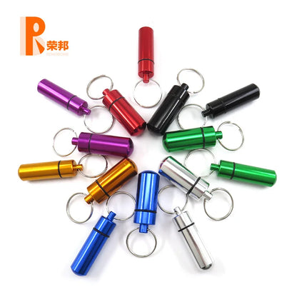 Aluminum Waterproof Pill Box Cases with Sealed Storage, Flat Head, Round Alloy Cartridge and Keychain for Vitamin Fish Oils