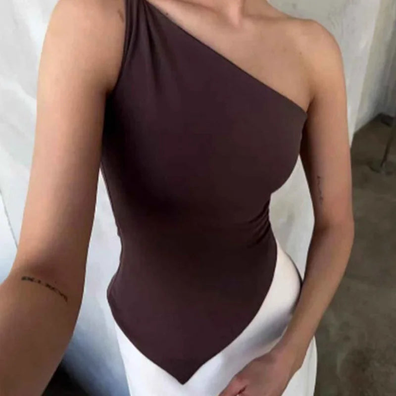 Solid color shoulder strap asymmetrical slim fit off shoulder one-piece collar 2025 new fashionable temperament women's T-shirt