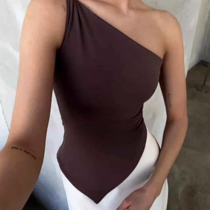 Solid color shoulder strap asymmetrical slim fit off shoulder one-piece collar 2025 new fashionable temperament women's T-shirt