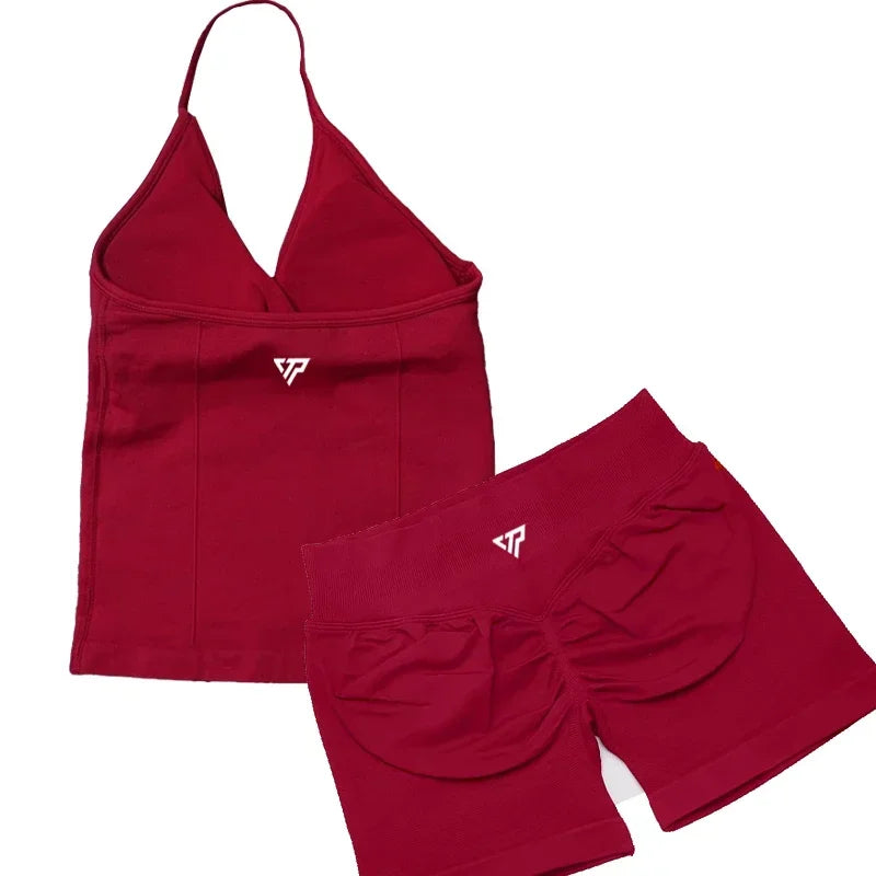 Keep That Pump 2 Piece Sets Shorts Top Womens Outfits Yoga Sets Gym Sets High Quality Seamless Lace-Up Bra Scratch Sports Sets