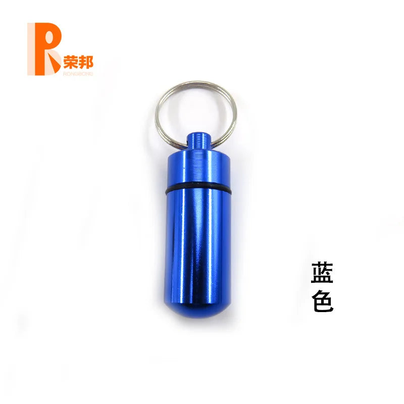 Aluminum Waterproof Pill Box Cases with Sealed Storage, Flat Head, Round Alloy Cartridge and Keychain for Vitamin Fish Oils