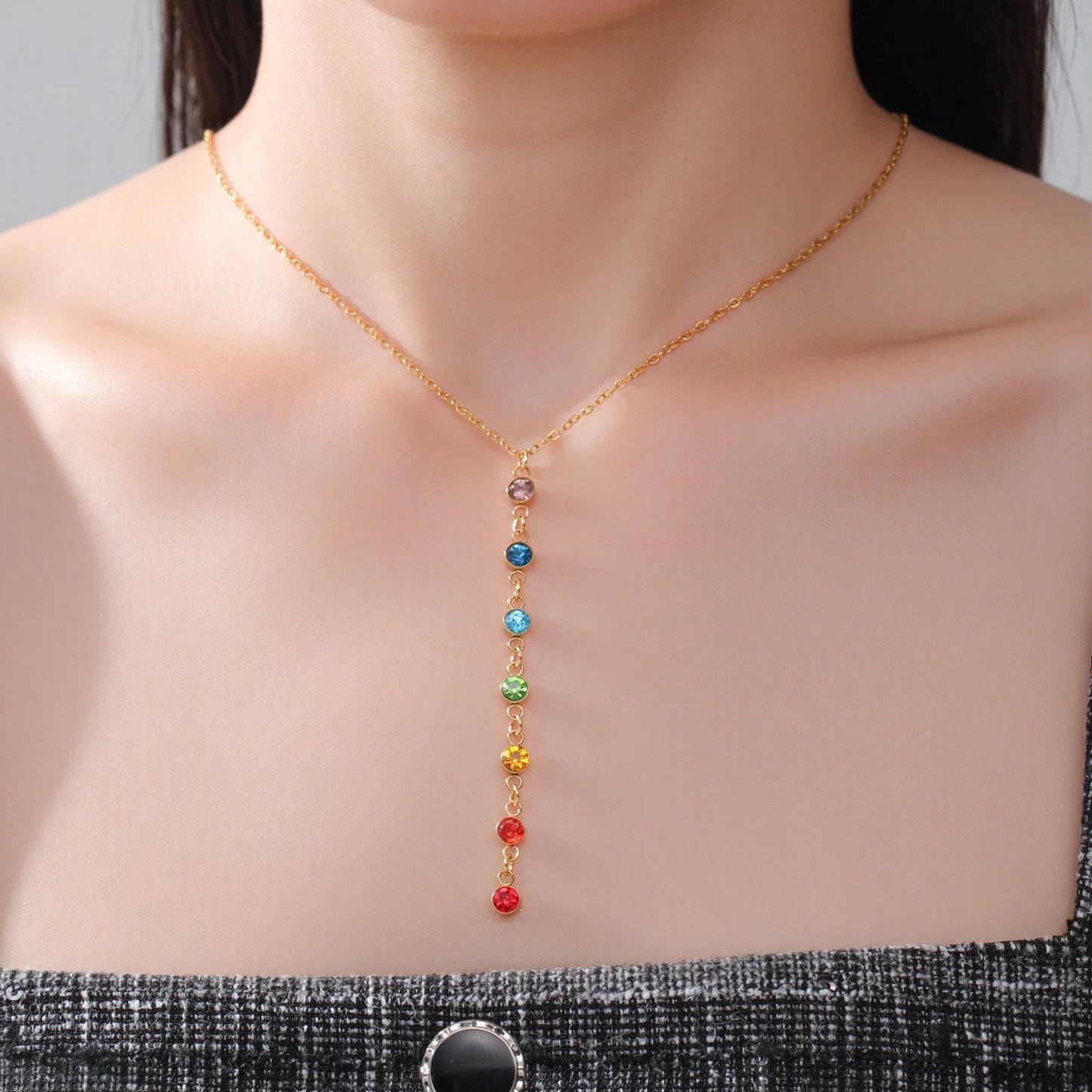 Skyrim Yoga 7 Chakra Rhinestones Pendant Necklaces Women Stainless Steel Gold Color Sweater Chain Meditation Energy Jewelry Gift