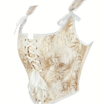 Women's Bow Tie Strap Jacquard Corset Top Front Lace Up Square Neck Cropped Waist Cincher Bustier