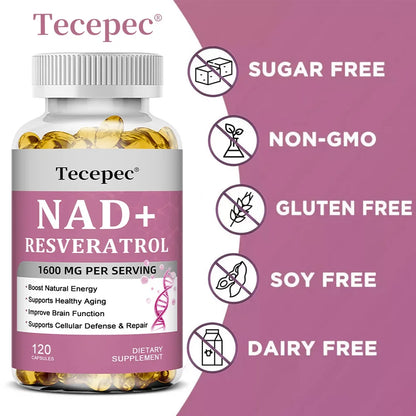 NAD+ Resveratrol - Anti-aging, Boosts Natural Energy, Promotes Cellular and Skin Health, Improves Brain Function - 120 Capsules