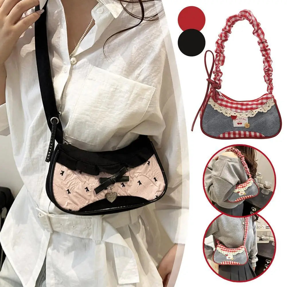 Fashion Grid Mini Handbag with Adjustable Shoulder Strap Korean Style Hand-held Commuting Bag Single-Shoulder Crossbody Underarm