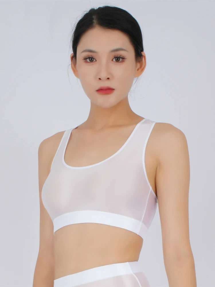 Sexy Women Candy Color Short Vest Oil Glossy Shiny  V Neck Stain Tank Top Yoga Elastic Tights Fashion Streetwear Costume
