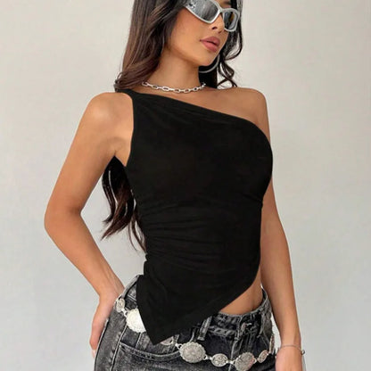 Solid color shoulder strap asymmetrical slim fit off shoulder one-piece collar 2025 new fashionable temperament women's T-shirt