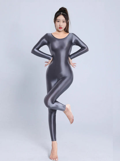 Sexy Women Yoga Shaper Dance Wear Oil Glossy Shiny Elastic Bodysuit Sheer See Through Satin Shapping Maid Tights Candy Color
