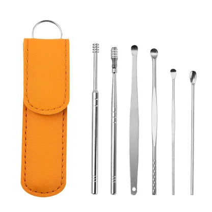 6Pcs Stainless Steel Ear Wax Removal Tool Set Spiral Rotating Ear Pick Spoon for Ear Cleaning & Care