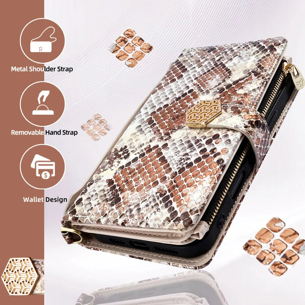 Metal Shoulder Strap Wallet Case for iPhone 17 Pro Max 14 12 11 13 15 16 Pro Max Lady Leather Card Slots Pocket Lanyard Cover