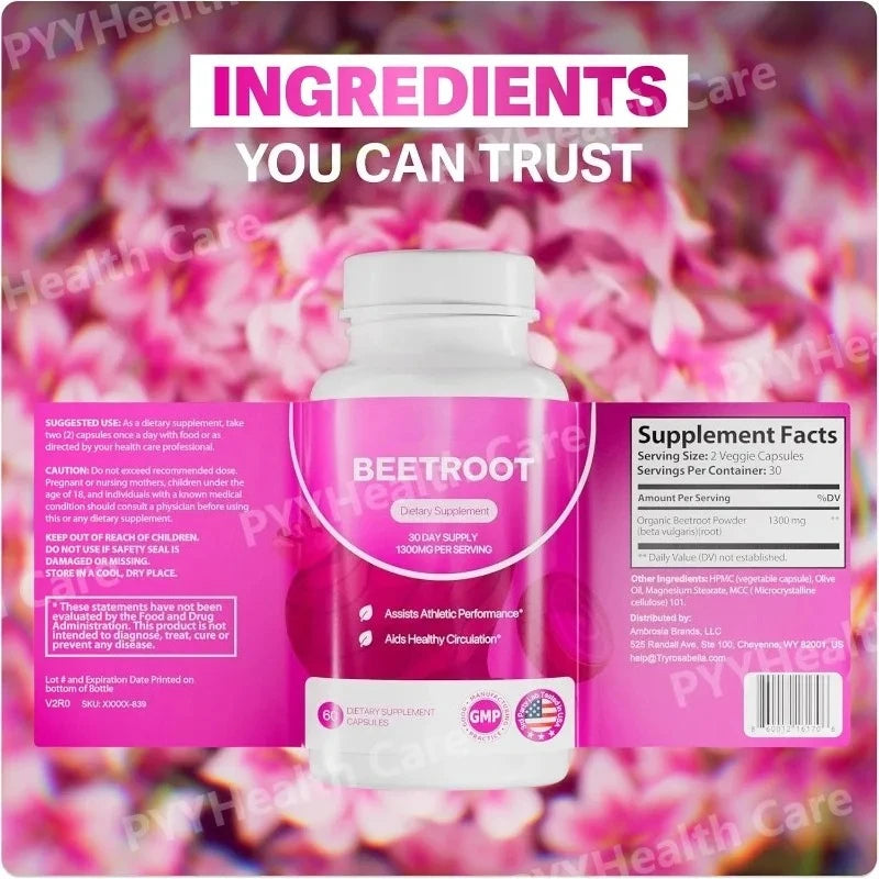 Organic Beetroot Capsules 1300mg Natural Beet Root Powder Supplement Plant-Based Formula Dietary Supplement
