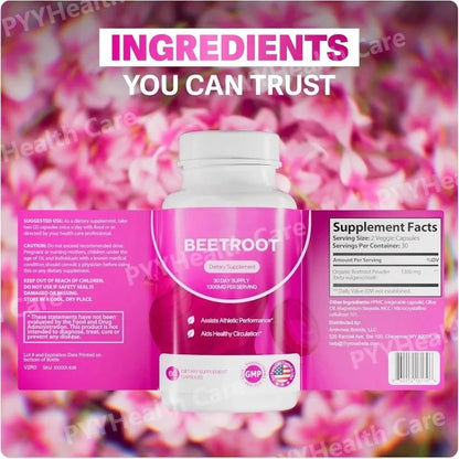 Organic Beetroot Capsules 1300mg Natural Beet Root Powder Supplement Plant-Based Formula Dietary Supplement