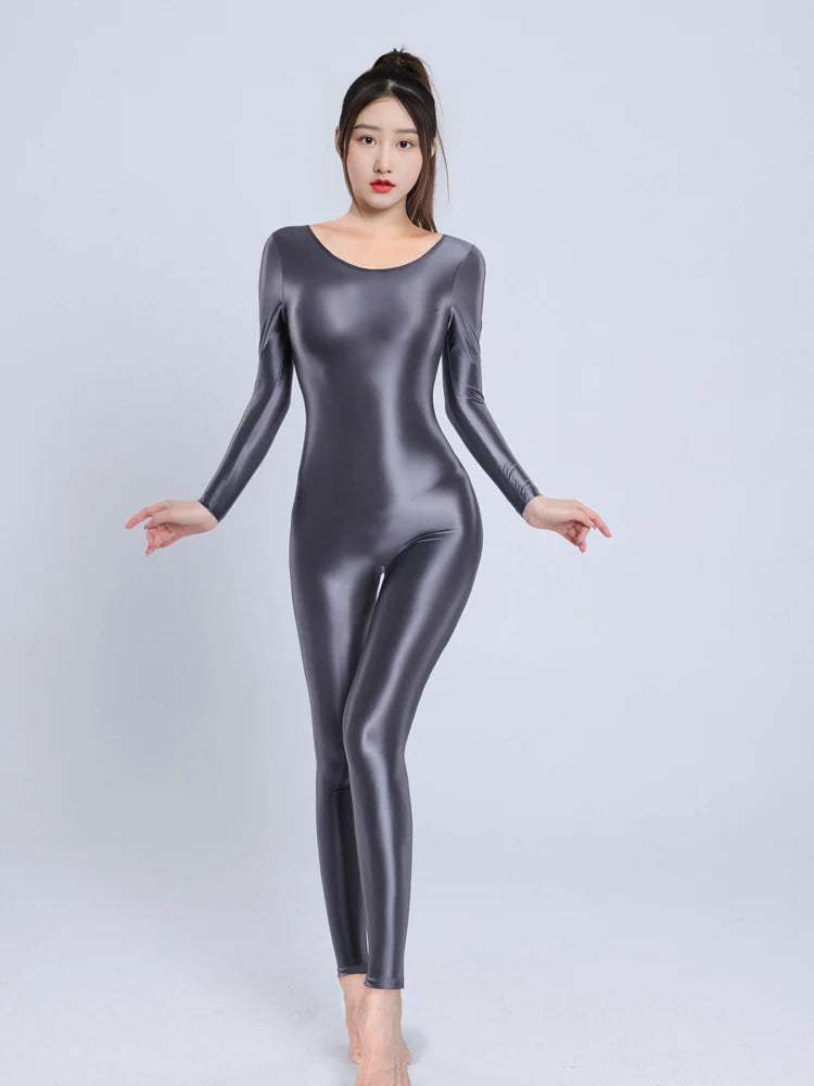 Sexy Women Yoga Shaper Dance Wear Oil Glossy Shiny Elastic Bodysuit Sheer See Through Satin Shapping Maid Tights Candy Color