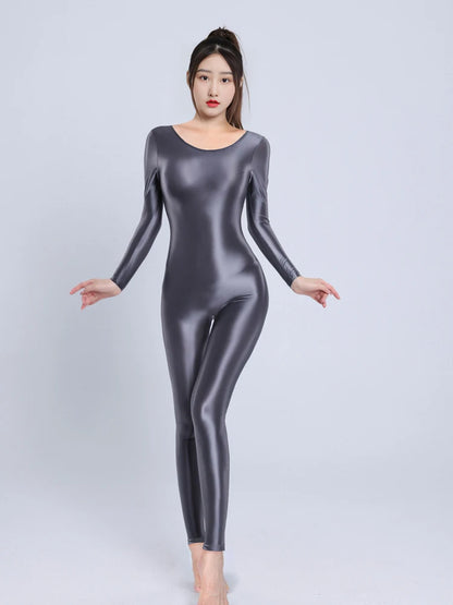 Sexy Women Yoga Shaper Dance Wear Oil Glossy Shiny Elastic Bodysuit Sheer See Through Satin Shapping Maid Tights Candy Color