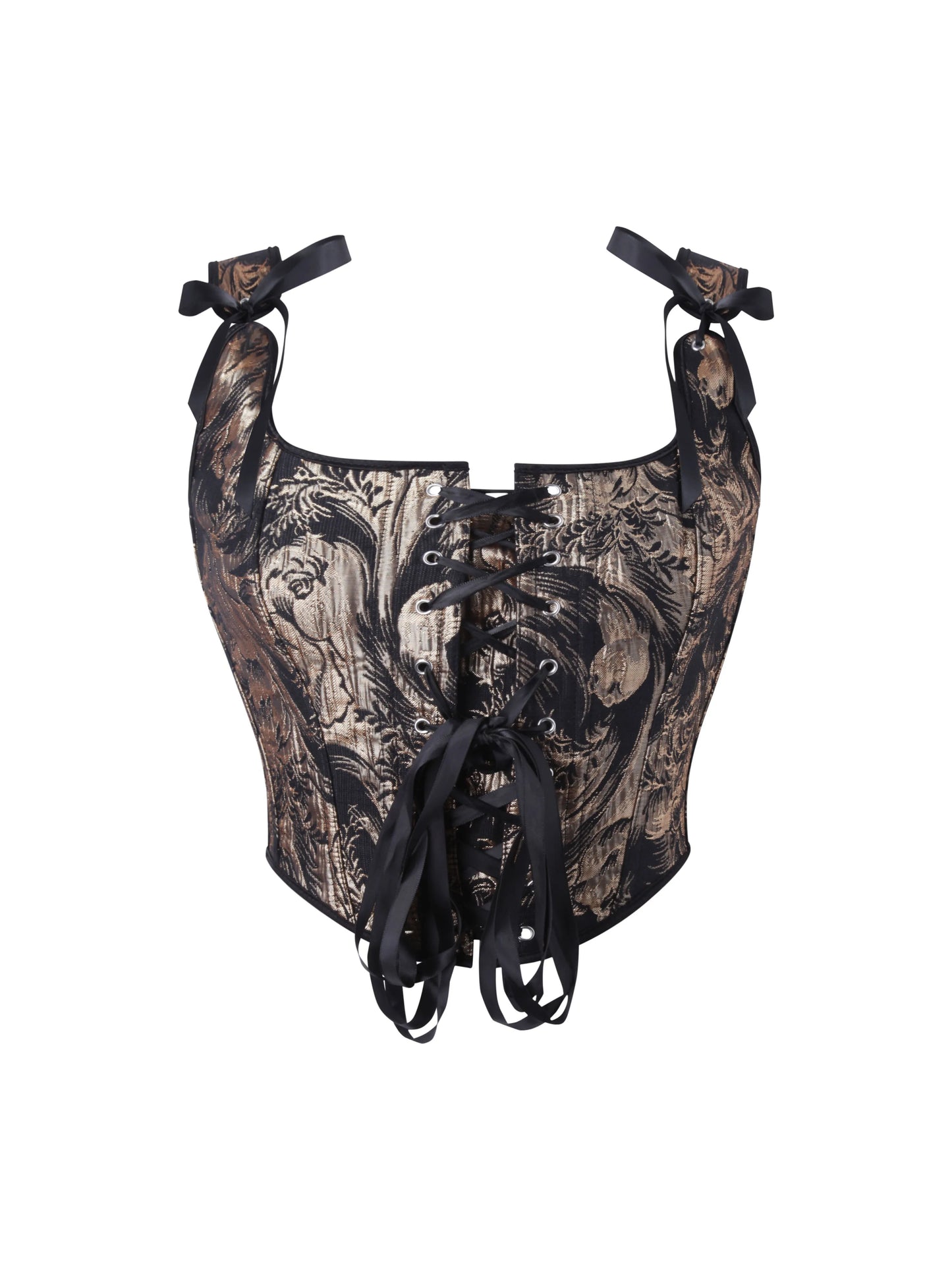 Women's Bow Tie Strap Jacquard Corset Top Front Lace Up Square Neck Cropped Waist Cincher Bustier