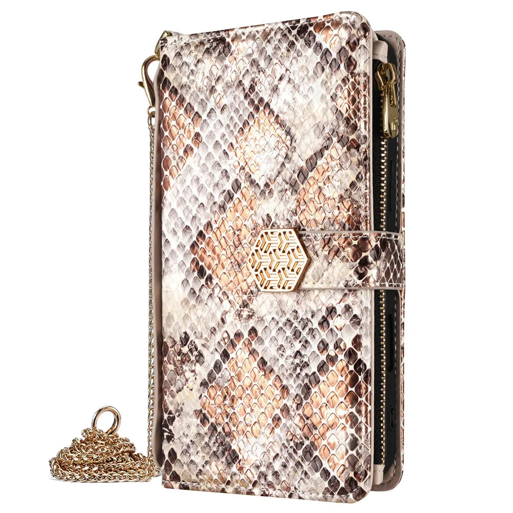 Metal Shoulder Strap Wallet Case for iPhone 17 Pro Max 14 12 11 13 15 16 Pro Max Lady Leather Card Slots Pocket Lanyard Cover