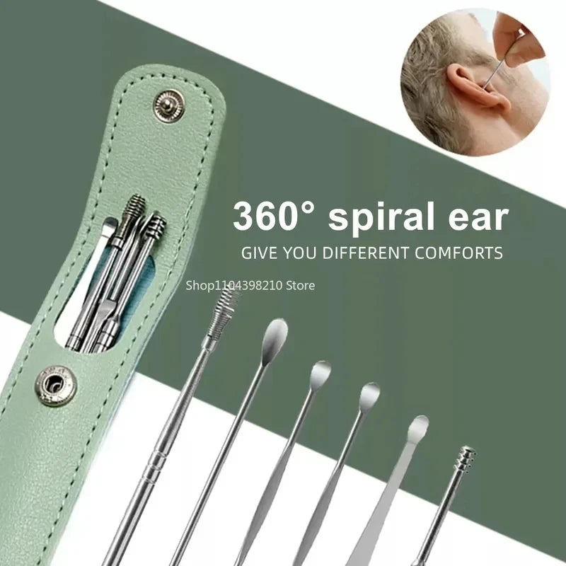 6Pcs Stainless Steel Ear Wax Removal Tool Set Spiral Rotating Ear Pick Spoon for Ear Cleaning & Care