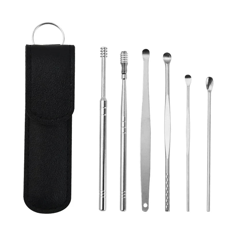 6Pcs Stainless Steel Ear Wax Removal Tool Set Spiral Rotating Ear Pick Spoon for Ear Cleaning & Care