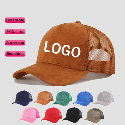 Outdoor 5 panel Suede Trucker Hat Custom Logo Breathable Mesh Solid Color Gorros Sports Cap