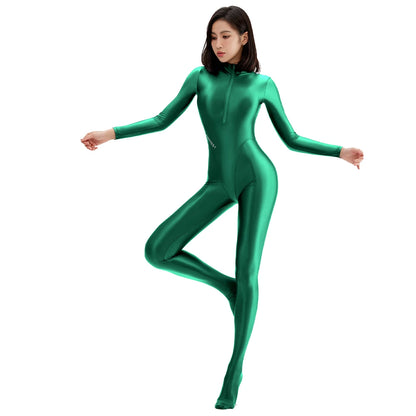 AMORESY Women's Shiny Oil Tights Full-Length Catsuit Front Zipper Yoga Zentai Playsuit Sexy Smooth Casual Jumpsuit