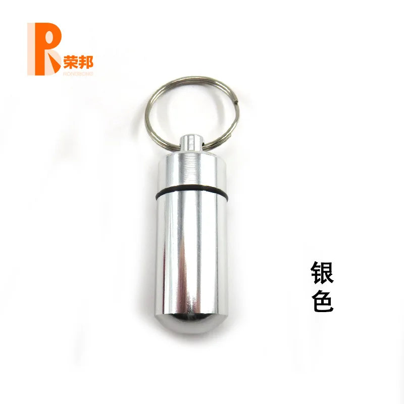 Aluminum Waterproof Pill Box Cases with Sealed Storage, Flat Head, Round Alloy Cartridge and Keychain for Vitamin Fish Oils