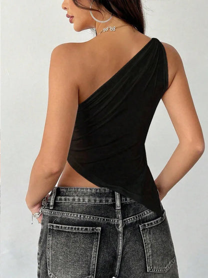 Solid color shoulder strap asymmetrical slim fit off shoulder one-piece collar 2025 new fashionable temperament women's T-shirt