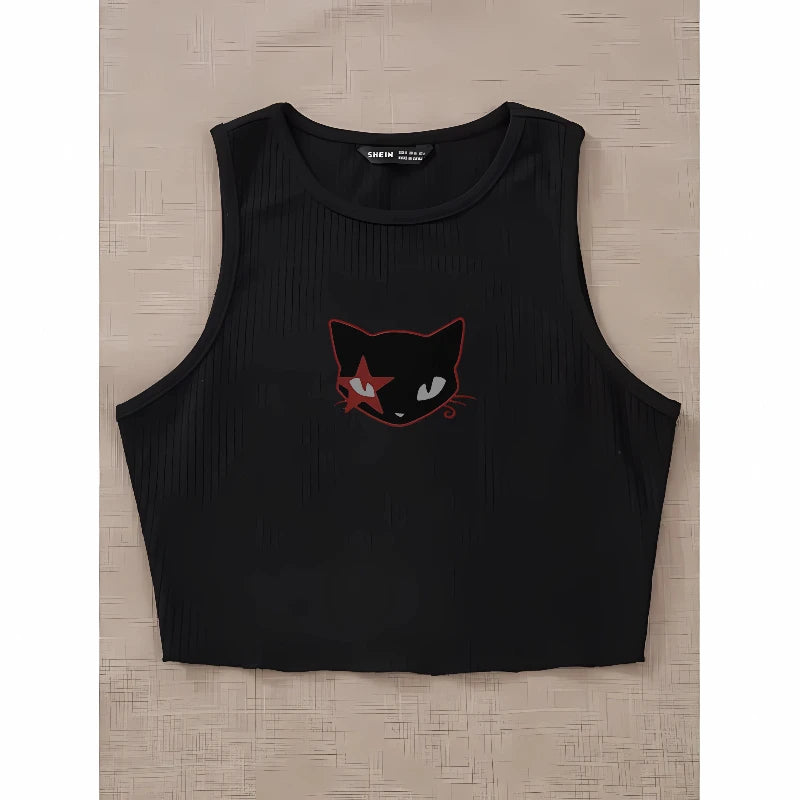 Aesthetic Harajuku Streetwear Women's Slim Fit Crop Top Y2K Gothic Emo Retro Sleeveless Vest Kitten Print Sports Vest