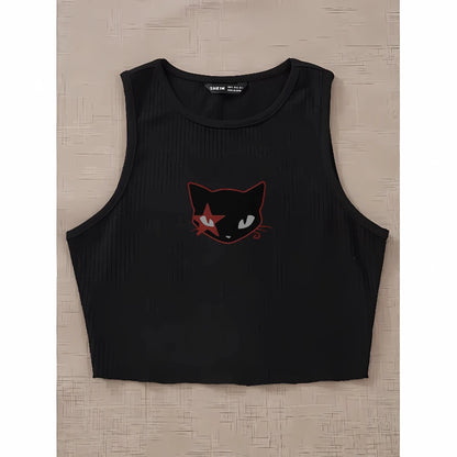 Aesthetic Harajuku Streetwear Women's Slim Fit Crop Top Y2K Gothic Emo Retro Sleeveless Vest Kitten Print Sports Vest