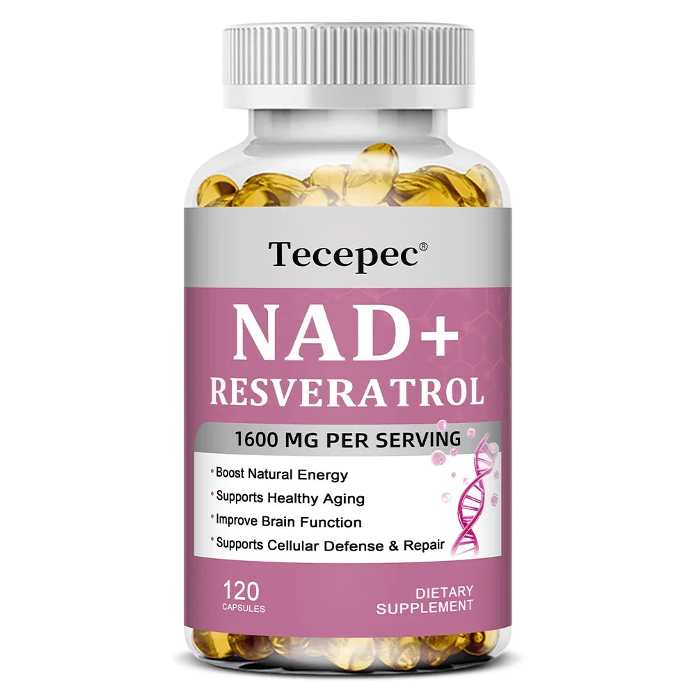 NAD+ Resveratrol - Anti-aging, Boosts Natural Energy, Promotes Cellular and Skin Health, Improves Brain Function - 120 Capsules