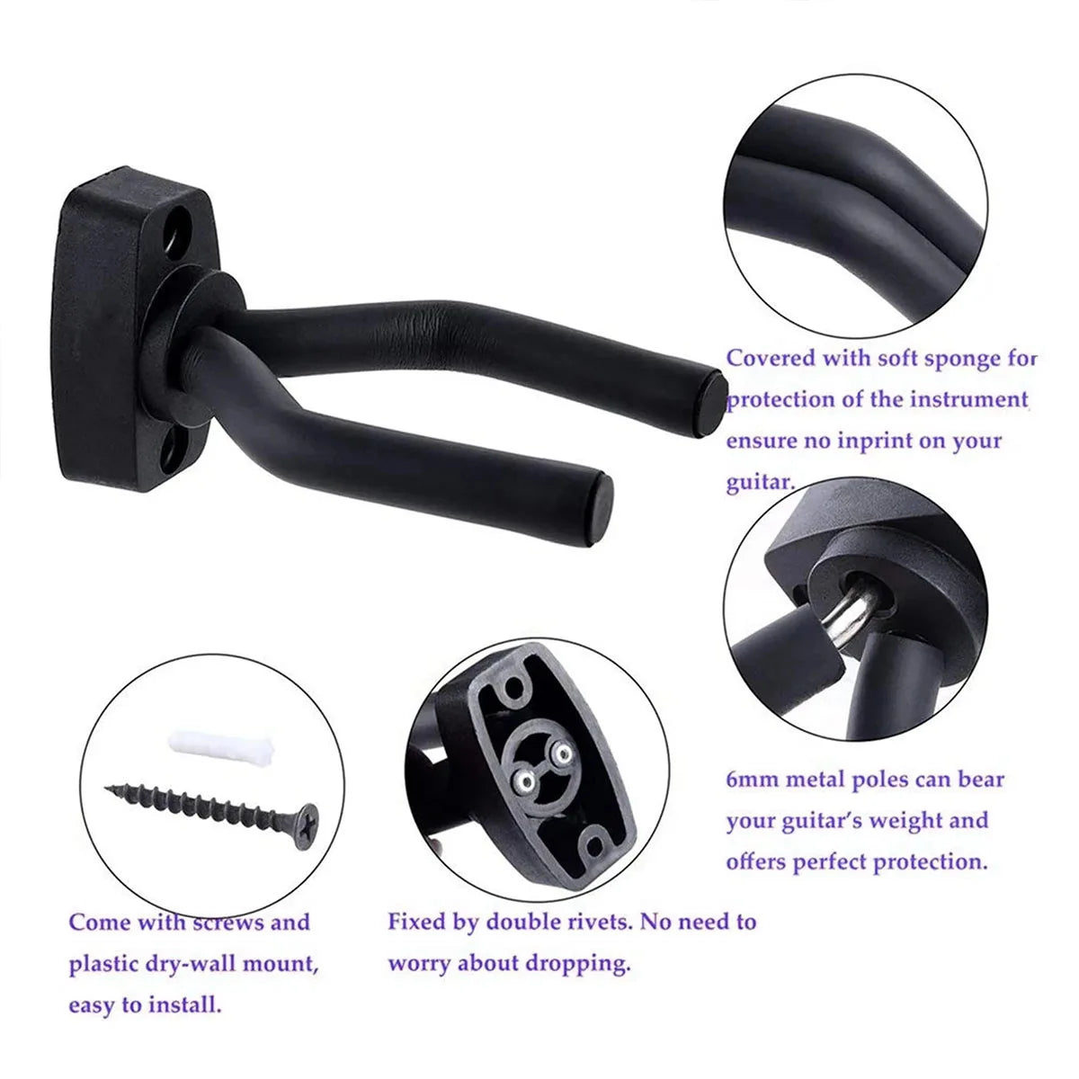 Miwayer Wall Mount Guitar Hook – 1/2/5/10pcs, Metal Core + ABS, Anti-Scratch EVA Padding, Fits Most String Instruments