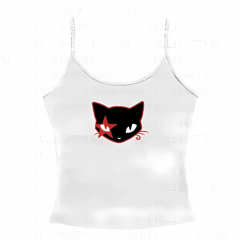 Aesthetic Harajuku Streetwear Women's Slim Fit Crop Top Y2K Gothic Emo Retro Sleeveless Vest Kitten Print Sports Vest
