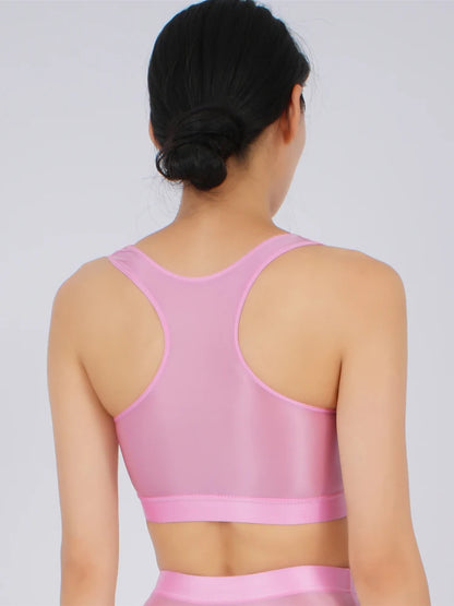 Sexy Women Candy Color Short Vest Oil Glossy Shiny  V Neck Stain Tank Top Yoga Elastic Tights Fashion Streetwear Costume