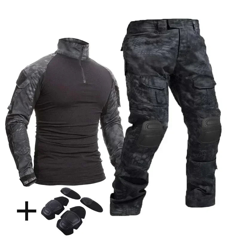 Camouflage Tactical Uniform Hunting Shirts Pants with Elbow Knee Pads Outdoor Hiking Training Frog Sets Clothing Ghillie Suits