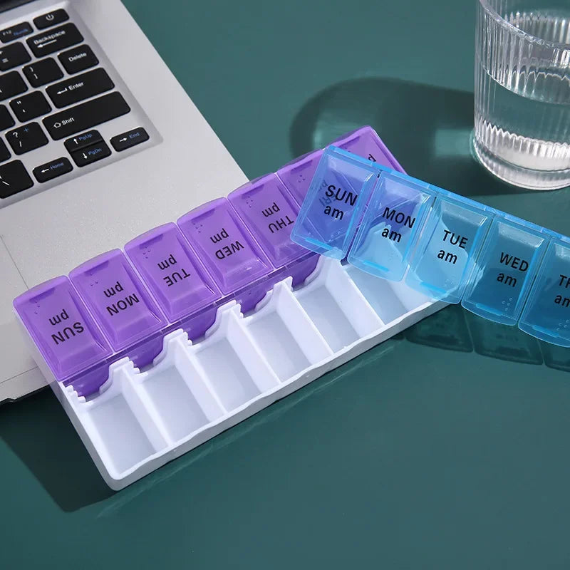 Pill Box Case 7 Day Weekly Medicine Storage Box Double Row 14grid Tablte Dispenser Organizer Open Lid First-Aid Kit Container