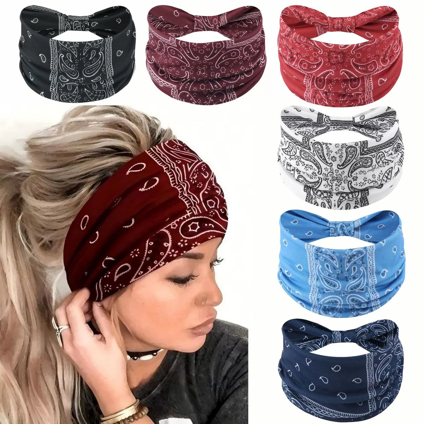 Boho Headbands for Women Knotted Wide Headwrap Turban Yoga Workout Head Bands Stretch Hiarbands Cotton Bandana Hair Accessories