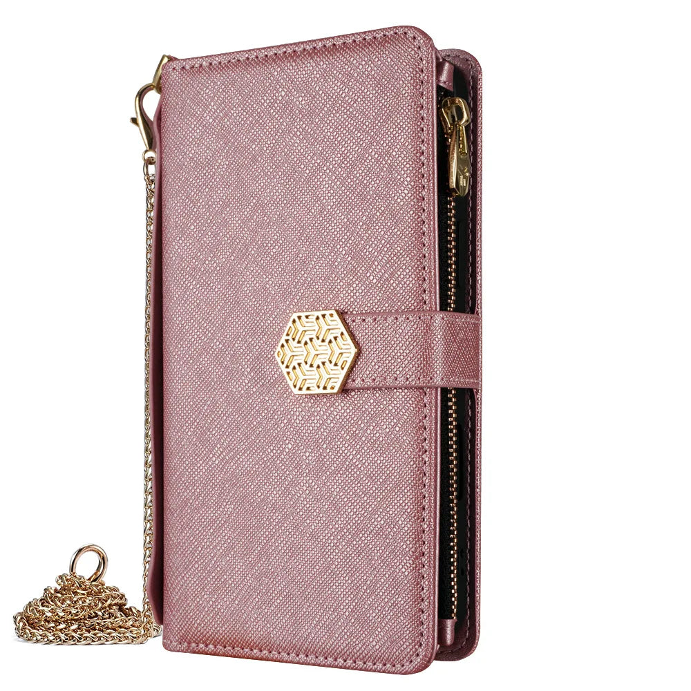 Metal Shoulder Strap Wallet Case for iPhone 17 Pro Max 14 12 11 13 15 16 Pro Max Lady Leather Card Slots Pocket Lanyard Cover