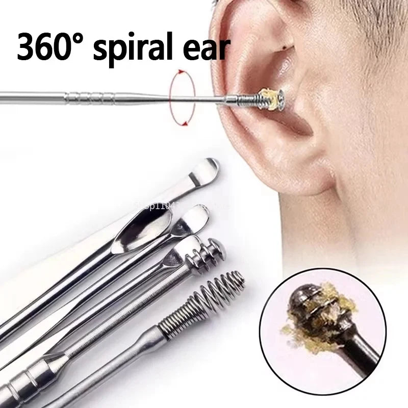 6Pcs Stainless Steel Ear Wax Removal Tool Set Spiral Rotating Ear Pick Spoon for Ear Cleaning & Care
